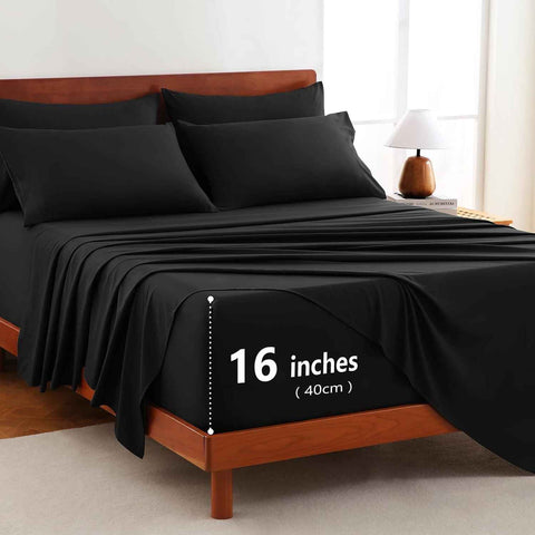 Hotel Soft Bed Sheet Set- Bedding Sheets & Pillowcases -Breathable Bedding - Wrinkle, Fade, Stain Resistant-Deep Pocket Flat Fitted Bed Sheet Set(Black,King) In Australia - Darrahopens