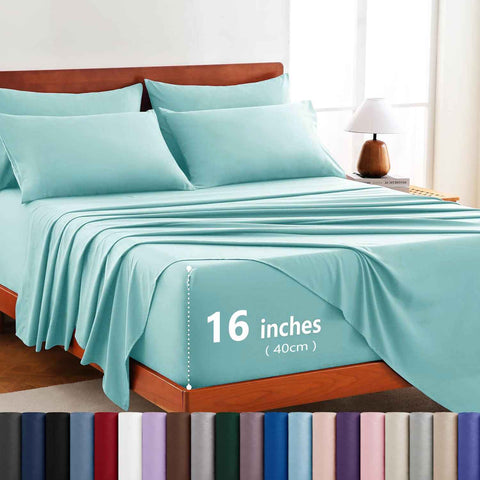 Hotel Soft Bed Sheet Set- Bedding Sheets & Pillowcases -Breathable Bedding - Wrinkle, Fade, Stain Resistant-Deep Pocket Flat Fitted Bed Sheet Set(Ice Blue,Queen) In Australia - Darrahopens
