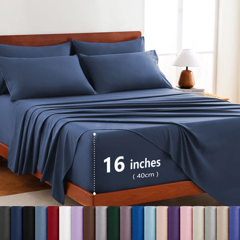 Hotel Soft Bed Sheet Set- Bedding Sheets & Pillowcases -Breathable Bedding - Wrinkle, Fade, Stain Resistant-Deep Pocket Flat Fitted Bed Sheet Set(Navy,Super King) In Australia - Darrahopens