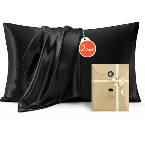 Silk Pillowcase for Hair and Skin Mulberry Silk Pillowcase Soft Breathable Smooth Both Sided Natural Silk Pillowcase with Envelope pocket Beauty Sleep Silk Pillow Case for Gift (2 Pack, Standard, Black)