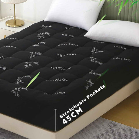 800GSM Mattress Topper Viscose Derived from Bamboo, Thick Pillowtop Fitted Mattress Cover with 45cm Deep Skirt - Machine Washable Hypoallergenic（King Single,Black）