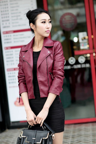 Women PU Leather Jacket Lapel Korean Style