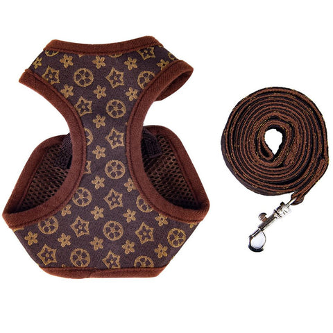 Happy Dog Harness Vest Adjustable Leash Set Polyester Coffee five-leaf flower S:0.08kg In Australia - Darrahopens