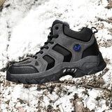 QIFENG Mens High Top Hiking Shoes Anti Slip Rubber Sole Gray Cotton 42