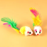Cat Toy Plush Mouse Colorful Feathers Pet Beibei Rabbit skin mouse (4.5*2.5 length 10cm)