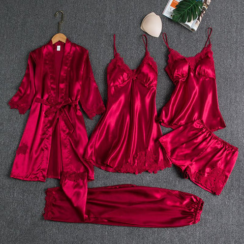 Women Five Piece Sleepwear Set Polyester V Neck Burgundy XXL In Australia - Darrahopens