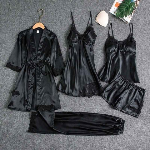 Women Five Piece Sleepwear Set Polyester V Neck Black XXXL In Australia - Darrahopens