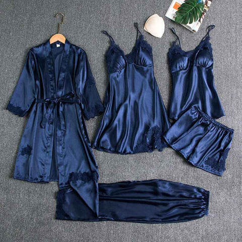 Women Five Piece Sleepwear Set Polyester V Neck Navy In Australia - Darrahopens