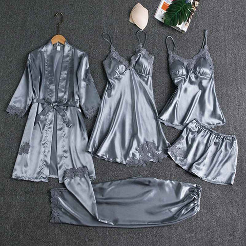 Women Five Piece Sleepwear Set Polyester V Neck Grey XXXL In Australia - Darrahopens