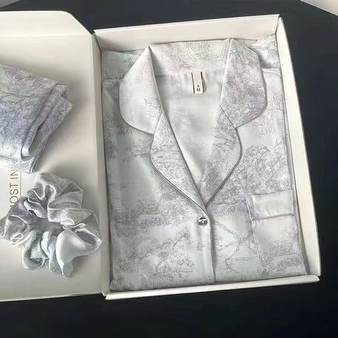Women Long Sleeve Sleepwear Set Polyester Home Double-length gray# twill sand painting M