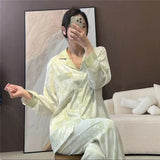 Women Long Sleeve Sleepwear Set Polyester Home Double-length gray# twill sand painting M