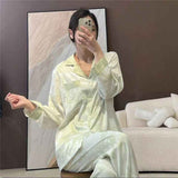 Women Long Sleeve Sleepwear Set Polyester Home Double-length green# twill sand painting M In Australia - Darrahopens