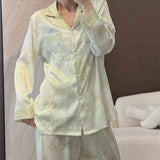 Women Long Sleeve Sleepwear Set Polyester Home Double-length green# twill sand painting XXL