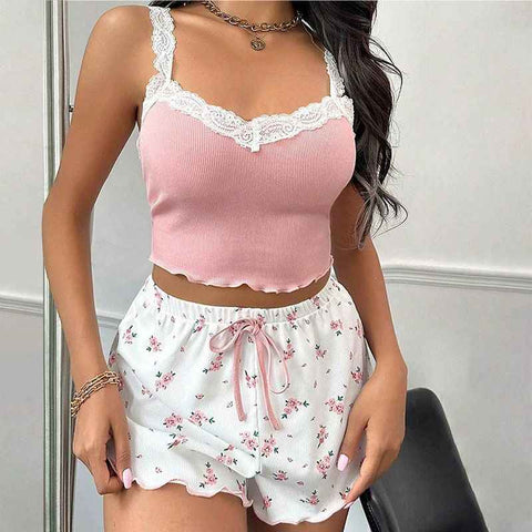 Women Sleepwear Set V Neck Sleeveless Shorts Suit Pink M