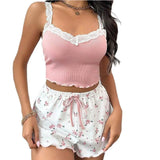 Women Sleepwear Set V Neck Sleeveless Shorts Suit Pink Accept large size customization