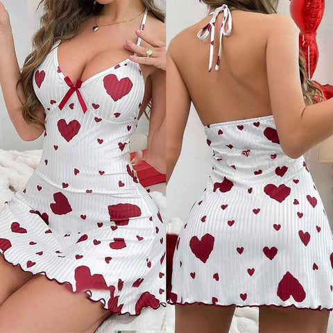 Women Sleeveless Milk Silk Sleepwear Set Heart Print Blue heart on white background L In Australia - Darrahopens