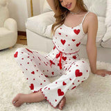 Women Polyester Pajamas Set Sleeveless Printed Sleepwear White and Red In Australia - Darrahopens
