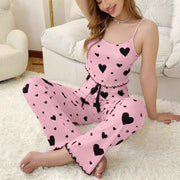 Women Polyester Pajamas Set Sleeveless Printed Sleepwear Pink and Black In Australia - Darrahopens
