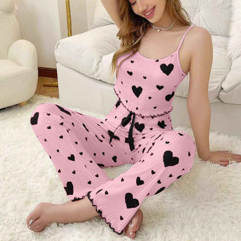 Women Polyester Pajamas Set Sleeveless Printed Sleepwear Pink and Black In Australia - Darrahopens