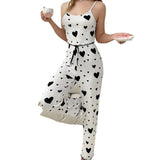 Women Polyester Pajamas Set Sleeveless Printed Sleepwear White and Black M