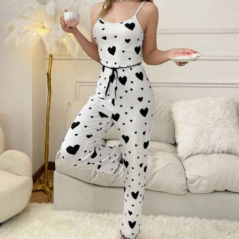 Women Polyester Pajamas Set Sleeveless Printed Sleepwear White and Black XL In Australia - Darrahopens