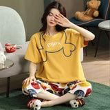 Women Cartoon Pajama Set Summer Thin Polyester S short-sleeved shorts green sleeping cat M In Australia - Darrahopens