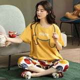 Women Cartoon Pajama Set Summer Thin Polyester S short-sleeved shorts green sleeping cat M In Australia - Darrahopens
