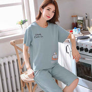 Women Cartoon Pajama Set Summer Thin Polyester S short-sleeved shorts green sleeping cat XL In Australia - Darrahopens