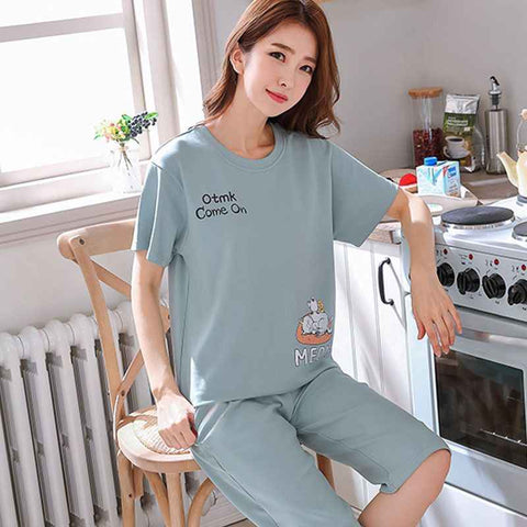 Women Cartoon Pajama Set Summer Thin Polyester S short-sleeved shorts green sleeping cat XL In Australia - Darrahopens