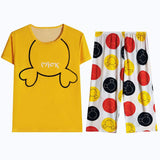 Women Cartoon Pajama Set Summer Thin Polyester S short-sleeved shorts green sleeping cat XL