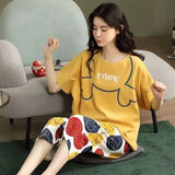 Women Cartoon Pajama Set Summer Thin Polyester S short-sleeved shorts green sleeping cat XXL In Australia - Darrahopens