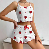 Women Sleepwear Set Summer Spandex Print White strawberry M