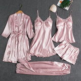Women Sleepwear Set Long Sleeve Ice Silk Champagne M