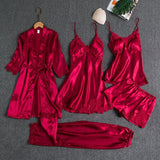Women Sleepwear Set Long Sleeve Ice Silk Burgundy M