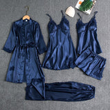 Women Sleepwear Set Long Sleeve Ice Silk Burgundy M