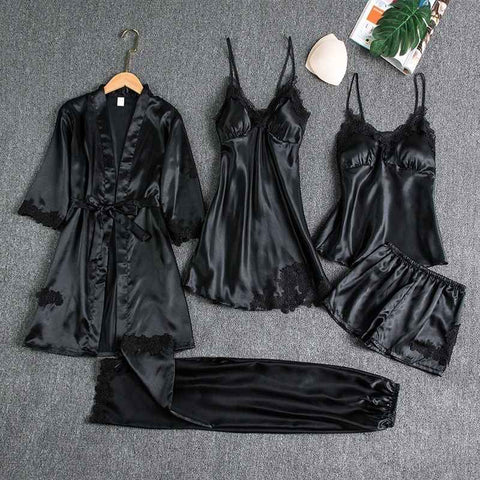 Women Sleepwear Set Long Sleeve Ice Silk Black In Australia - Darrahopens