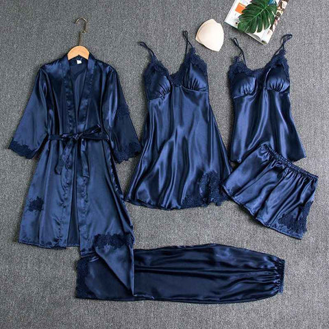Women Sleepwear Set Long Sleeve Ice Silk Navy Blue XL In Australia - Darrahopens