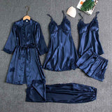 Women Sleepwear Set Long Sleeve Ice Silk Navy Blue XXXL In Australia - Darrahopens