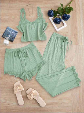 Subtle Lace Women Pajamas Set Sleepwear Mustard Green 5XL In Australia - Darrahopens