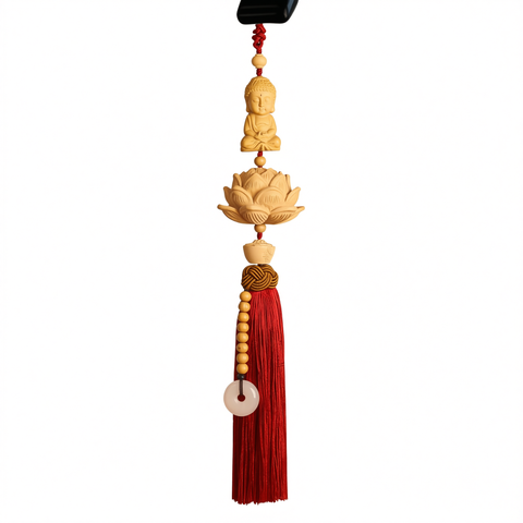 Tan hui Boxwood Lotus Car Hanging Ornament Little buddha [boxwood lotus] wine red tassel style [car hanging + exquisite gift box]
