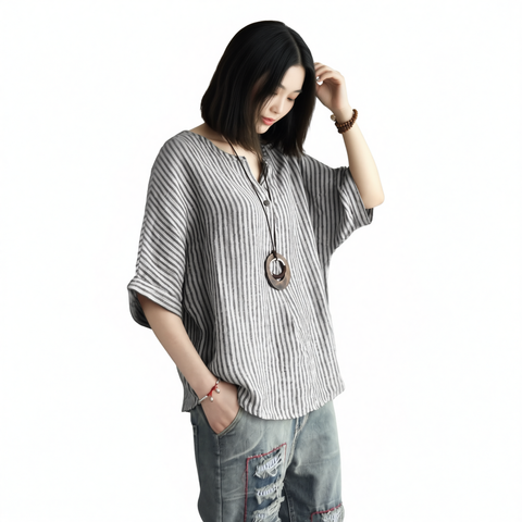 Women Striped Cotton Blend Batwing Casual Top T-Shirt grey M In Australia - Darrahopens