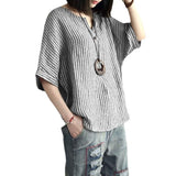 Women Striped Cotton Blend Batwing Casual Top T-Shirt grey L