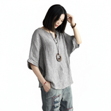 Women Striped Cotton Blend Batwing Casual Top T-Shirt grey XXL