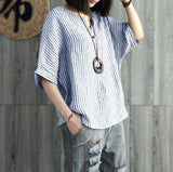 Women Striped Cotton Blend Batwing Casual Top T-Shirt Blue 5XL In Australia - Darrahopens