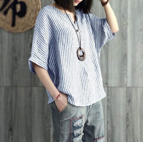 Women Striped Cotton Blend Batwing Casual Top T-Shirt Blue 5XL In Australia - Darrahopens