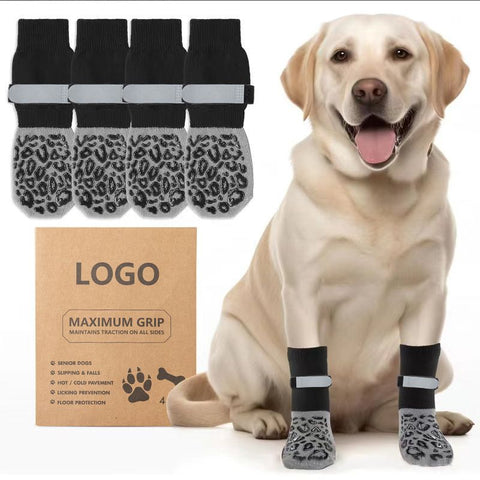 Dog Shoes Non Slip Indoor Outdoor Cotton Black leopard print-double-sided glue [high-end storage bag] Xs ultra-small 4.5*12cm [recommended within 5kg inches] [pack of four]
