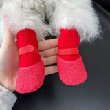 Dog Shoes Waterproof Non Slip PVC Breathable Red wrinkled shoes L large size comes with 4 straps【 4-8kg 】