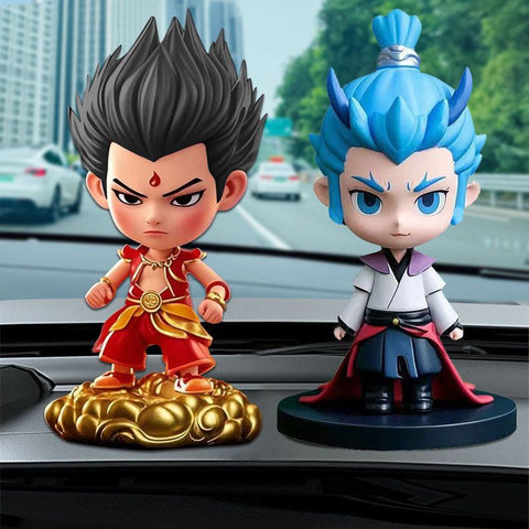 Nezha Bobblehead Car Dashboard Ornament Resin Combination model-nezha [black hair] + donghai ao bing [standing model]