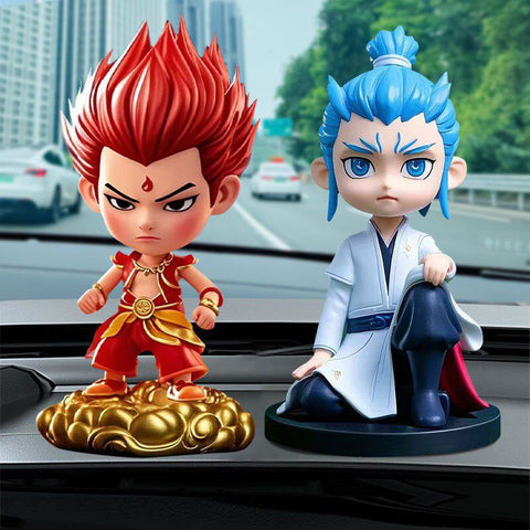 Nezha Bobblehead Car Dashboard Ornament Resin Combination model - nezha [red hair] + donghai ao bing [sitting model]