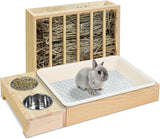 Wooden Rabbit Hay Feeder with 3-in-1 Litter Box and Bowls, Small Animal Rack for Guinea Pigs, Chinchillas, Hamsters, and Dwarf Rabbits - Wood Color In Australia - Darrahopens